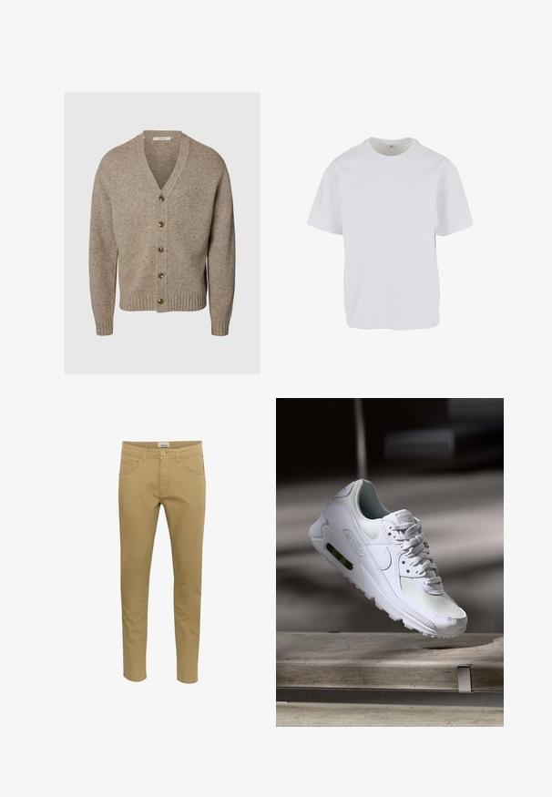 Cardigan beige en maille avec col en V, manches longues, cinq boutons sur le devant, poignets et bas en côtes.; T-shirt blanc uni à manches courtes et col rond, présenté sur un fond blanc, taille M visible sur l'étiquette intérieure.; Chino beige avec une coupe ajustée. Fabriqué en tissu mélangé de coton, comportant deux poches latérales et une poche arrière, fermé par un bouton.; Sneaker Nike Air Max 90 blanche avec une tige en mesh et cuir, une boîte à orteils perforée et une unité air visible au talon.