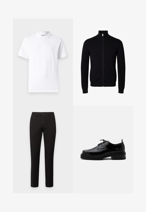 Pull noir à manches longues avec fermeture éclair, col montant et poignets et bas côtelés, présenté sur un fond blanc uni.; Polo shirt blanc avec un col classique, une patte de boutonnage à deux boutons, des manches courtes et un petit logo sur la poitrine. Fabriqué en tissu lisse.; Chino noir avec une coupe ajustée, en tissu mélangé coton. Doté d'une fermeture à bouton sur le devant et de cinq poches. Texture lisse, détails minimaux.; Chaussure en cuir noir poli à lacets, semelle en caoutchouc épaisse et talon bas, texte de marque "SAMSOE" sur le côté et languette arrière.