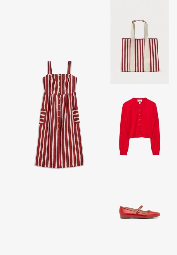 Rode cropped cardigan met lange mouwen, V-hals en zes knopen aan de voorkant, plat uitgestald op een witte achtergrond.; Mouwloze midi-jurk met verticale rode, witte en zwarte strepen, knopen aan de voorkant en grote zakken aan beide zijden.; Rode leren balletschoenen met een ronde neus en een enkele verstelbare band over de instap. Platte zool met een minimale hak. Eenvoudig ontwerp.; Canvas tas met verticale rood-beige strepen, twee brede beige handgrepen en een kleine ronde gouden knopsluiting.