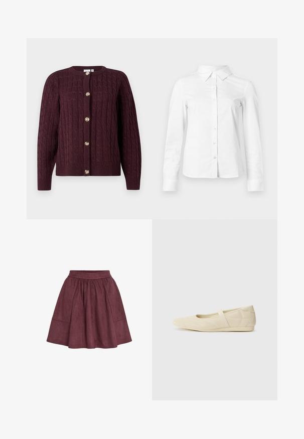 Gilet en tricot à torsades de couleur violet foncé avec un col rond et cinq boutons décoratifs en or sur le devant.; Chemise blanche à manches longues avec boutons, col pointu, ourlet droit et silhouette ajustée, présentée sur un fond clair uni.; Jupe en daim bordeaux avec une forme évasée, une taille élastique et deux poches latérales, présentant une texture douce et un design minimaliste.; Ballerines beiges avec une exterior en cuir lisse, un bout en forme d'amande et une sangle élastique sur le coup de pied, avec des détails de couture subtils.