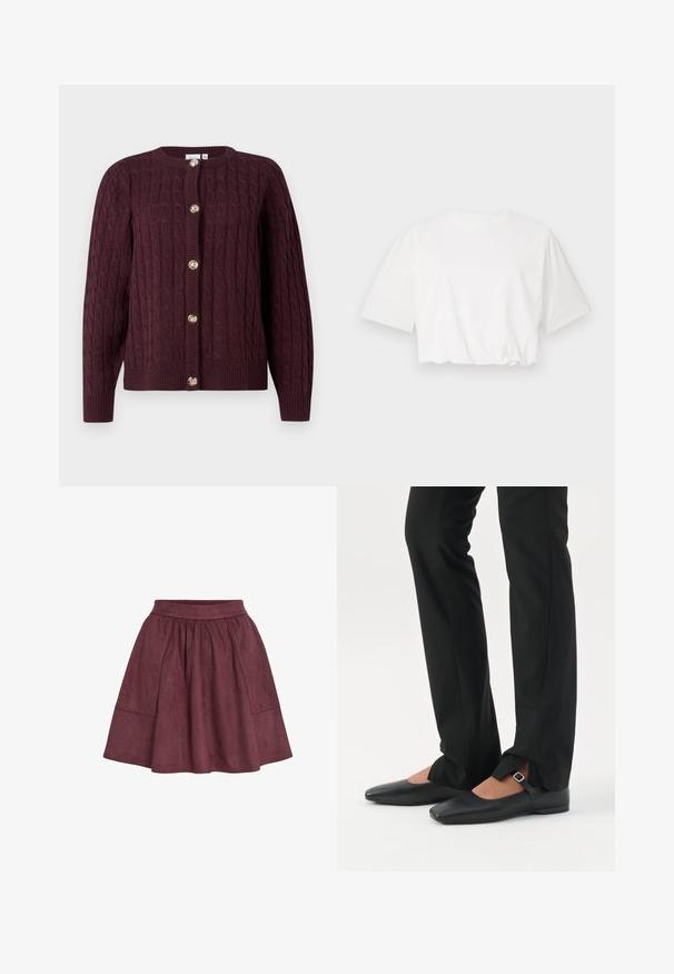 Mørk lilla kabelstrikket cardigan med rund hals og fem gyldne dekorative knapper foran.; Hvid kortærmet t-shirt med puffærmer, rund halsudskæring og samlet nederste kant, lavet af blødt bomuldsstof.; Bordeaux ruskindsnederdel med en flagrende form, elastisk talje og to sidelommer, der har en blød tekstur og minimalistisk design.; Ben iført sorte smalle bukser med forreste slidser ved kanten, parret med sorte flade Mary Jane-sko med lille spænde.