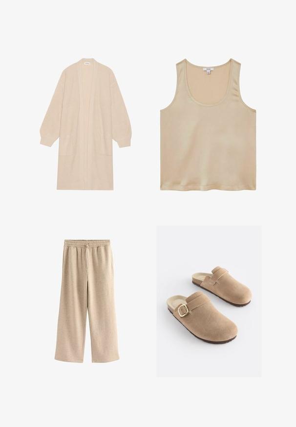 Pikk beež kudum kardigan avatud ette, kahe esipocketiga ning ribakujuliste varrukate ja äärtega.; Reiss REGULAR FIT - Pluus - neutral; Beezhised laiad püksid, mis on valmistatud pehmest kangast, omavad elastset vöökohta koos paelaga ning õrna täpilist tekstuuri üle kogu pinna.; Beežid sametise pindalaga klotskingad ümarate varvaste, reguleeritava rihma ja kuldse pandla detailiga. Pinnaga tallapind kindlaks haardeks.