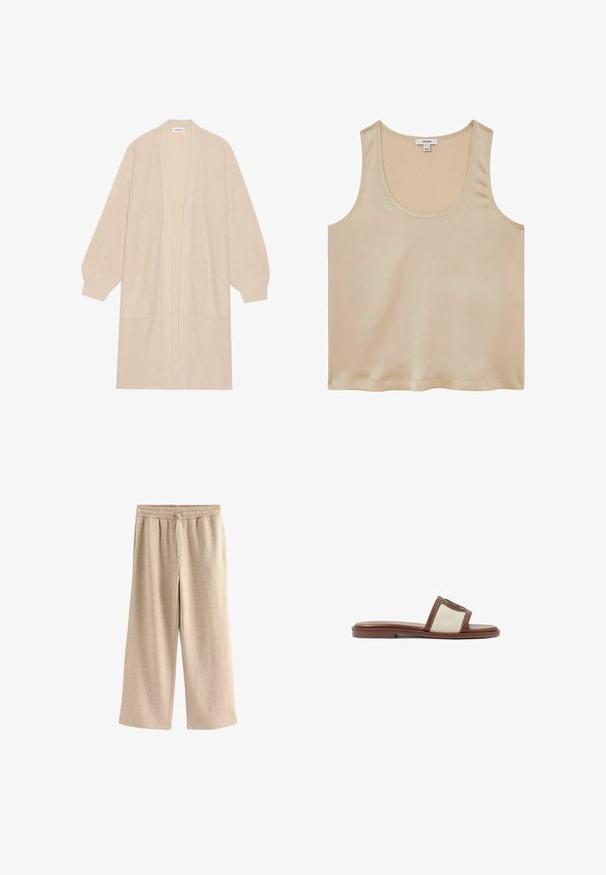 Long cardigan beige en tricot avec un devant ouvert, deux poches avant et des poignets et un ourlet côtelés.; Reiss REGULAR FIT - Blouse - neutral; Pantalons larges de couleur crème en tissu doux en mélange de coton. Ils présentent une taille élastique avec cordon de serrage et une texture subtilement mouchetée.; Sandale à glisser en cuir marron avec une tige tissée beige, semelle plate et bout arrondi. Le design inclut un accent logo sur la sangle.