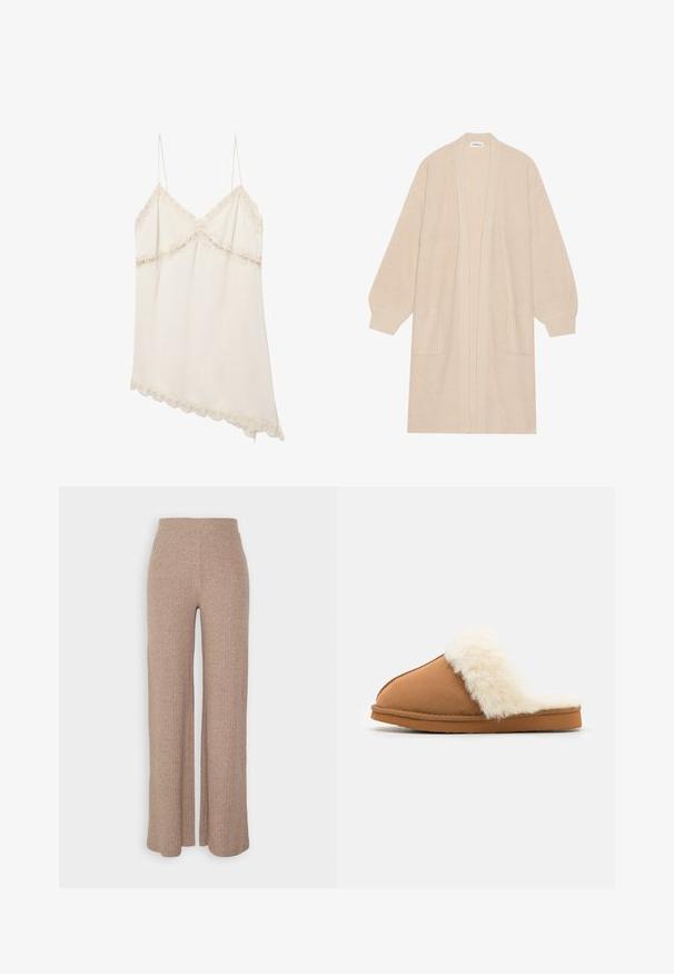 Long cardigan beige en tricot avec un devant ouvert, deux poches avant et des poignets et un ourlet côtelés.; Robe nuisette couleur crème avec fines bretelles, bordure en dentelle le long de l'encolure, de la poitrine et de l'ourlet asymétrique.; Pantalons larges en beige à côtes avec une taille haute et une texture douce, présentant une coupe loose et sans fermetures visibles.; Pantoufle en suede marron avec un manchon en fausse fourrure blanche, design à bout fermé, semelle plate et détails de couture visibles le long des bords.