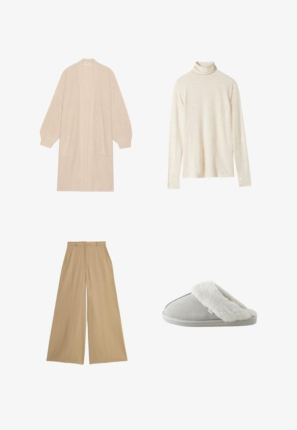 Lang beige strik cardigan med åben front, to frontlommer og ribbede manchetter og kant.; Beige turtleneck langærmet top lavet af blødt stof, har en afslappet pasform, subtil tekstur og ingen synlige mønstre eller accenter.; Beige brede bukser lavet af et let væv, med to sidelommer, flad front og en glat overflade.; Lysegrå slip-on tøfler med blødt hvidt kunstpelsfor og sål mærket "NEXT," set fra siden på hvid baggrund.