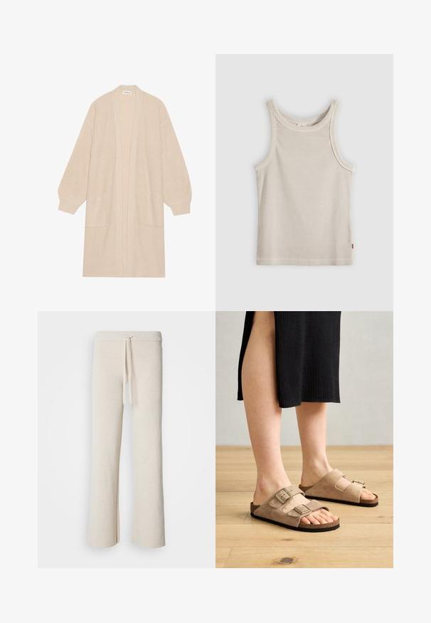 Long cardigan beige en tricot avec un devant ouvert, deux poches avant et des poignets et un ourlet côtelés.; Débardeur beige côtelé sans manches avec encolure ronde et coupe ajustée, présenté sur un fond gris.; Pantalons larges beiges en tissu doux, dotés d'une taille élastique avec cordon de serrage et d fentes sur les côtés à l'ourlet.; Sandales en daim beige avec deux brides réglables, semelle en liège et semelles en caoutchouc, mises en valeur sur des pieds avec un fond en bois.
