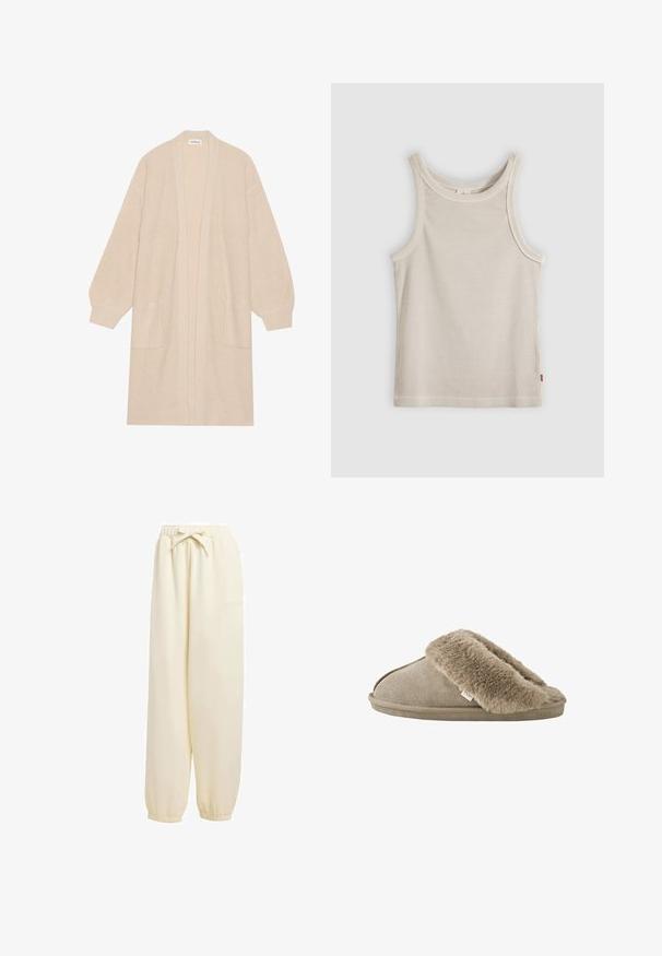 Lang beige strik cardigan med åben front, to frontlommer og ribbede manchetter og kant.; Beige ribstrikket ærmeløs tanktop med rund halsudskæring og tætsiddende pasform, vist mod en grå baggrund.; Beige, løstsiddende sweatpants lavet af blødt materiale. Har en elastisk talje med snoretræk og elastiske manchetter ved anklerne.; Beige slip-on tøfler med blød, plyssede pelsforing omkring åbningen og en ydersål med ruskindslignende overflade.