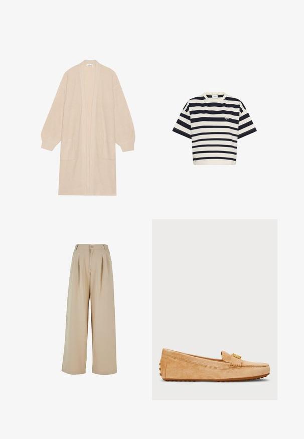 Largo cárdigan de punto beige con frente abierto, dos bolsillos frontales y puños y dobladillo acanalados.; Camiseta de manga corta con cuello redondo, a rayas horizontales blancas y negras, con un pequeño logo bordado en el pecho izquierdo.; Pantalones de pierna ancha beige con pliegues en la parte delantera, cierre de botón y una textura suave. Presenta una cinturilla entallada y bolsillos laterales.; Mocasines de ante en tono beige con punta redondeada, que presentan una correa de acentuación en tono dorado y suela de goma con tachuelas para mayor tracción. Textura suave.