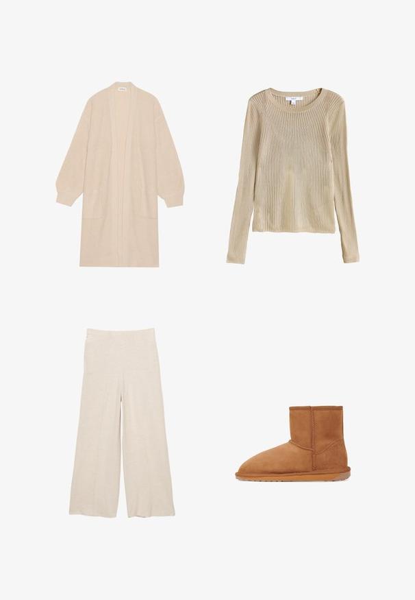 Lang beige strik cardigan med åben front, to frontlommer og ribbede manchetter og kant.; Beige ribstrikket langærmet sweater med rund halsudskæring og slim fit, vist fladt med synligt mærke ved kraven.; Beige brede bukser lavet af blødt stof, med høj talje og front sømdetaljer. Casual og afslappet pasform uden lommer.; Tan ruskinds ankelstøvle med rund tå, lodrette sømme og en tekstureret gummisål. Har et logo-accent på bagsiden.