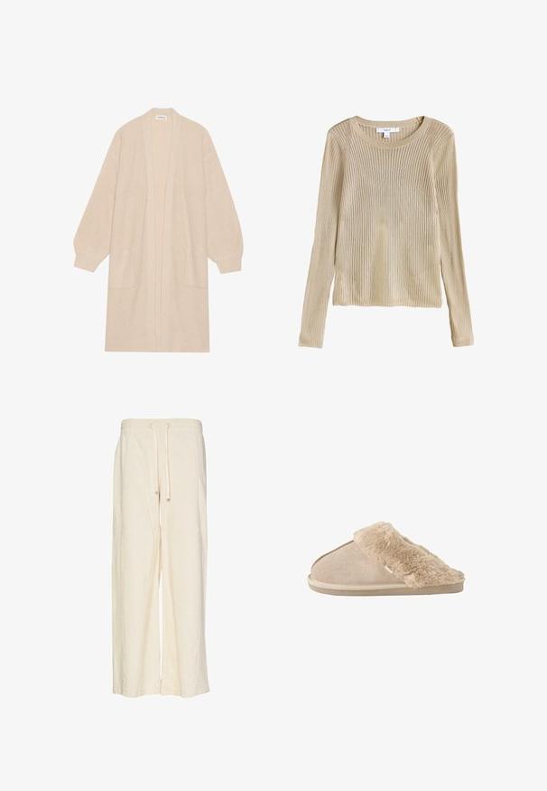 Lang beige strik cardigan med åben front, to frontlommer og ribbede manchetter og kant.; Beige ribstrikket langærmet sweater med rund halsudskæring og slim fit, vist fladt med synligt mærke ved kraven.; Bredde benbukser i creme, lavet af et tekstureret stof med et ribbet mønster. Har en elastisk talje med snøre for justerbarhed.; Beige slip-on tøfler med blødt ruskind yderside og blødt, fluffy inderfor og manchet, designet til komfort indendørs.