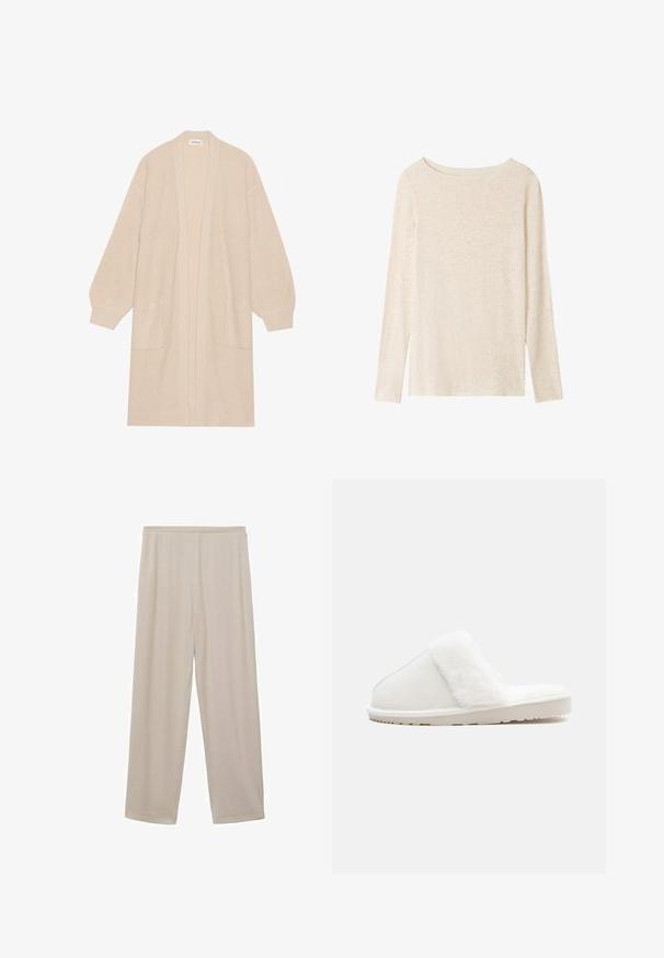 Long cardigan beige en tricot avec un devant ouvert, deux poches avant et des poignets et un ourlet côtelés.; Top en maille beige clair à manches longues avec encolure bateau et texture chinée subtile.; Pantalons en coton beige légers, avec une coupe droite, une taille élastique et une texture douce. Pas de motifs ni de matériel visible.; Chausson blanc avec une bande en fausse fourrure douce, tige en feutre, semelle matelassée et fond en caoutchouc texturé pour l'adhérence. Design simple et arrondi.