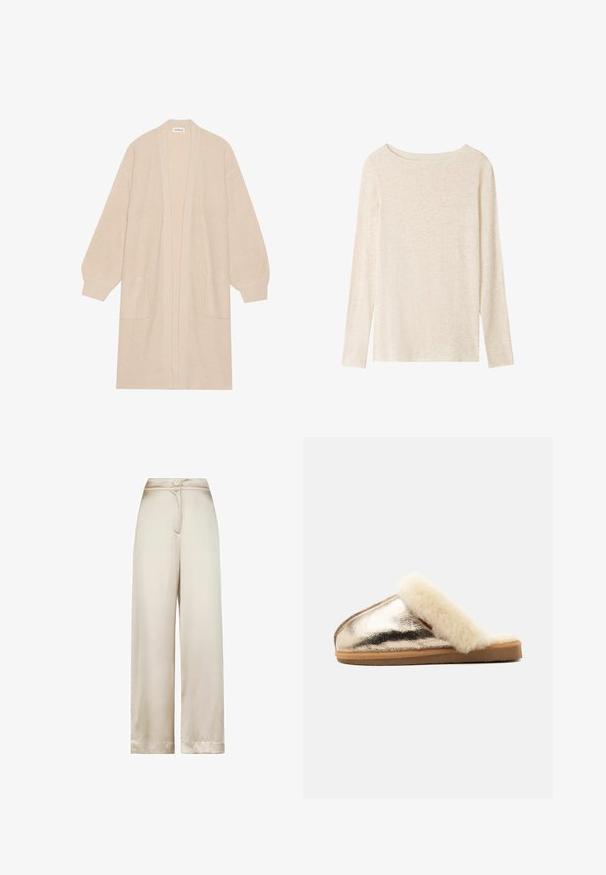 Lang beige strik cardigan med åben front, to frontlommer og ribbede manchetter og kant.; Langærmet, lysebeige striktop med bådudskæring og subtil meleret tekstur.; Bukser med høj talje og vide ben i beige med en enkelt knap og skjult lynlåslukning foran.; Metallisk gylden slip-on tøffel med tan sål og blødt cremefarvet pelsforet kant omkring åbningen, vist fra siden på en hvid baggrund.