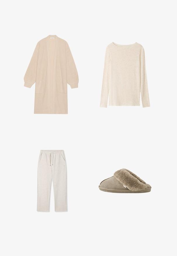 Long cardigan beige en tricot avec un devant ouvert, deux poches avant et des poignets et un ourlet côtelés.; Top en maille beige clair à manches longues avec encolure bateau et texture chinée subtile.; Pantalons de jogging gris clair en tissu doux avec une taille élastique, cordon de serrage et poches latérales, arborant un design simple.; Chausson beige à enfiler avec une doublure douce et pelucheuse en fourrure autour de l'ouverture et une semelle extérieure effet daim.