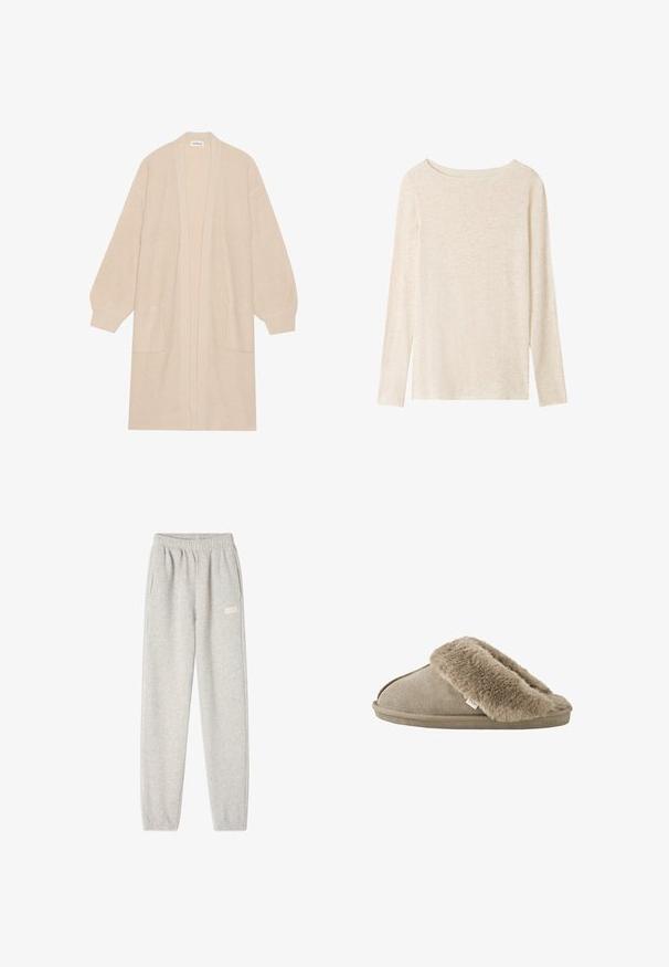 Lang beige strik cardigan med åben front, to frontlommer og ribbede manchetter og kant.; Langærmet, lysebeige striktop med bådudskæring og subtil meleret tekstur.; Grå sweatpants lavet af blød bomuldsblanding, med elastisk talje, sidelommer og et lille logo på venstre lår.; Beige slip-on tøfler med blød, plyssede pelsforing omkring åbningen og en ydersål med ruskindslignende overflade.