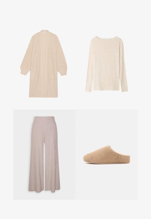 Lang beige strik cardigan med åben front, to frontlommer og ribbede manchetter og kant.; Langærmet, lysebeige striktop med bådudskæring og subtil meleret tekstur.; Lys grå bredbenede bukser lavet af blødt ribbet stof, med høj talje og fuldlængde ben med subtil tekstur.; Beige ruskind slip-on tøfler med blødt for og flad sål, lukket tå, åben bag, og diskret "UGG" logo på siden.