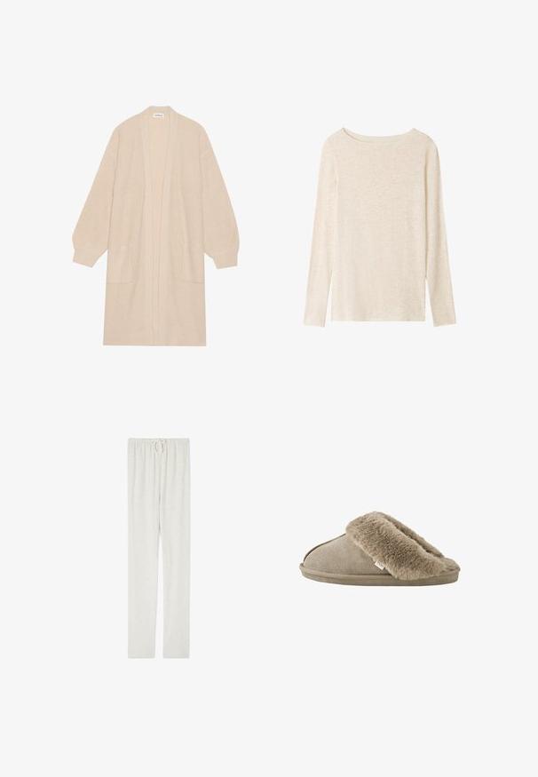 Largo cárdigan de punto beige con frente abierto, dos bolsillos frontales y puños y dobladillo acanalados.; Top de punto beige claro de manga larga con escote barco y una textura jaspeada sutil.; American Vintage JOGGING - Pantalones deportivos - gris chine; Zapatilla beige sin talón con forro interior de suave piel sintética alrededor de la abertura y suela exterior con apariencia de ante.