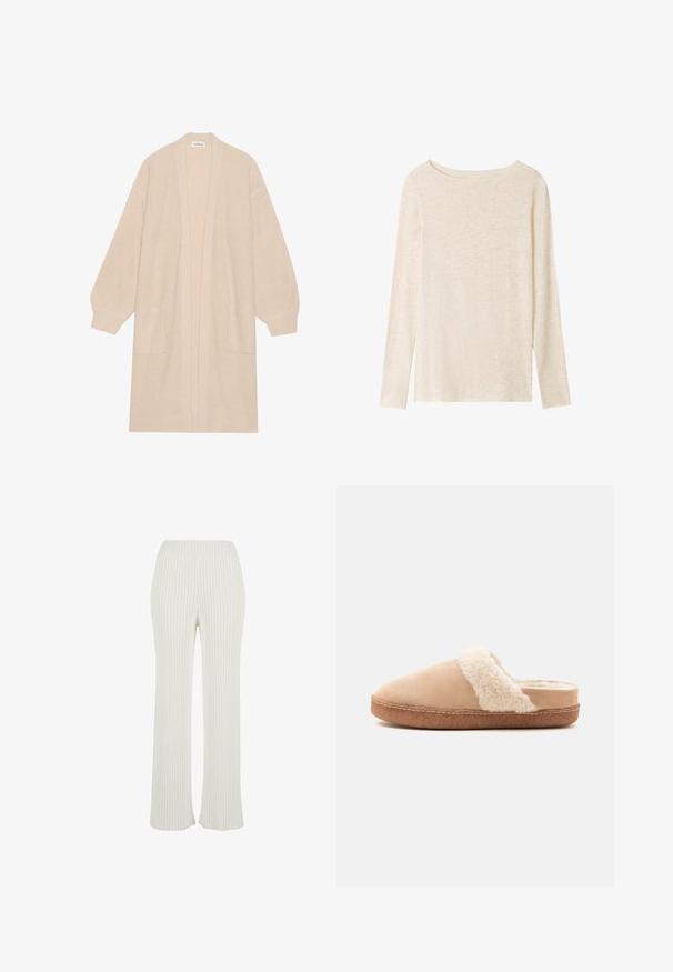 Largo cárdigan de punto beige con frente abierto, dos bolsillos frontales y puños y dobladillo acanalados.; Top de punto beige claro de manga larga con escote barco y una textura jaspeada sutil.; Pantalones de punto acanalado de color crema con un diseño acampanado. Cuenta con una amplia cinturilla elástica y rayas verticales para mayor textura.; Zapatilla beige sin cordones con forro blanco suave y esponjoso y suela de goma marrón, vista de lado sobre un fondo liso.