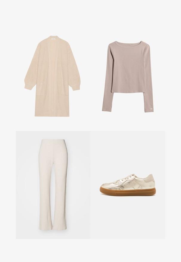 Largo cárdigan de punto beige con frente abierto, dos bolsillos frontales y puños y dobladillo acanalados.; Camisa de manga larga beige claro, hecha de una tela suave y elástica. Presenta un escote amplio y un dobladillo ligeramente corto. Detalles de costura sutiles.; Pantalones de punto acanalado en crema con un diseño de pierna acampanada, que presentan una cintura alta y una textura suave. La tela parece elástica y suave.; Zapatillas doradas metálicas con un acabado suave, que cuentan con una suela de goma, cordones en la parte frontal y perforaciones sutiles en la puntera.