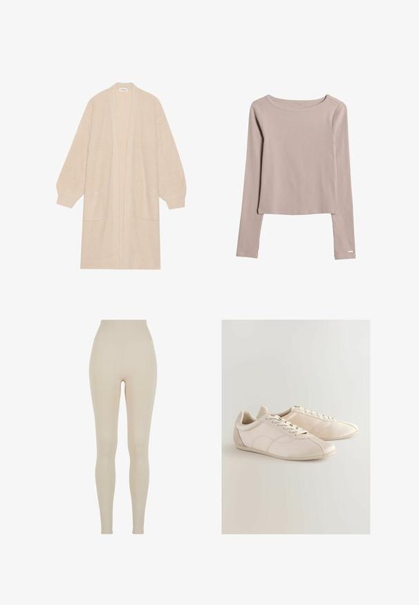 Long cardigan beige en tricot avec un devant ouvert, deux poches avant et des poignets et un ourlet côtelés.; Chemise à manches longues beige clair en tissu doux et extensible. Présente un décolleté large et un ourlet légèrement court. Détails de couture subtils.; Leggings beiges en tissu extensible avec une taille haute ; texture lisse, silhouette ajustée, sans motifs ni détails matériels visibles.; Chaussures de sport beige clair en matériau synthétique, avec une surface lisse, un design à lacets et de subtils motifs de couture.