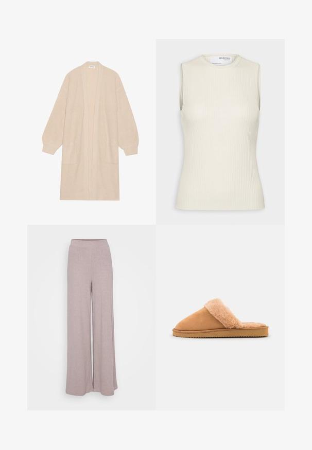 Largo cárdigan de punto beige con frente abierto, dos bolsillos frontales y puños y dobladillo acanalados.; Selected Knitted Sleeveless - Top - birch; Pantalones de pierna ancha hechos de una suave tela acanalada en un color malva claro. Cuentan con una cinturilla elástica para mayor comodidad y una silueta fluida.; Even&Odd by Zalando Pantuflas - cognac