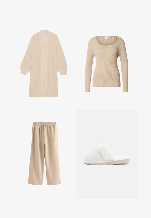 Langer beiger Strickcardigan mit offener Vorderseite, zwei vorderen Taschen und gerippten Bündchen und Saum.; Beiger gerippter Pullover mit quadratischem Ausschnitt und langen Ärmeln, gefertigt aus weichem, strukturiertem Stoff. Einfaches Design, geeignet zum Schichten.; Beige weite Hosen aus weichem Stoff, mit einem elastischen Bund und Kordelzug, sowie einer subtilen gesprenkelten Textur.; Weißer Hausschuh mit einem weichen Kunstfellband, Filzoberteil, gepolsterter Sohle und einer strukturierten Gummisohle für rutschfesten Halt. Einfaches, rundes Design.