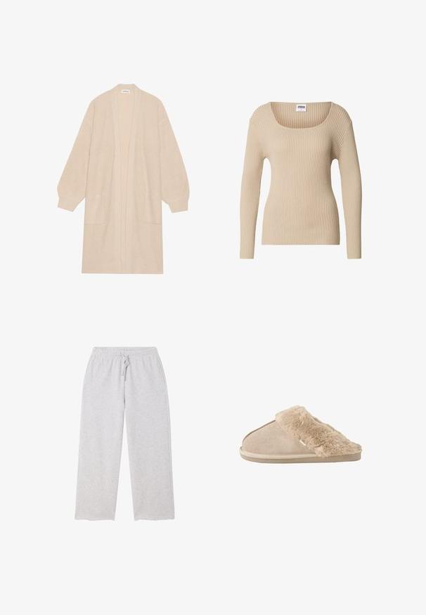 Langer beiger Strickcardigan mit offener Vorderseite, zwei vorderen Taschen und gerippten Bündchen und Saum.; Beiger gerippter Pullover mit quadratischem Ausschnitt und langen Ärmeln, gefertigt aus weichem, strukturiertem Stoff. Einfaches Design, geeignet zum Schichten.; Hellgraue Sweatpants mit weitem Bein, elastischem Bund und Kordelzug sowie Taschen auf beiden Seiten.; Beiger Schlupfhausschuh mit weichem Wildleder außen und einem flauschigen, weichen Innenfutter und Bündchen, entwickelt für Komfort im Innenbereich.