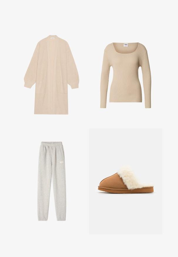 Lang beige strik cardigan med åben front, to frontlommer og ribbede manchetter og kant.; Beige ribstrikket sweater med firkantet halsudskæring og lange ærmer, lavet af blødt, tekstureret stof. Enkel design egnet til lag-på-lag.; Grå sweatpants lavet af blød bomuldsblanding, med elastisk talje, sidelommer og et lille logo på venstre lår.; Brune ruskindslippers med en hvid faux fur manchet, lukket tå-design, flad sål og synlige syninger langs kanterne.