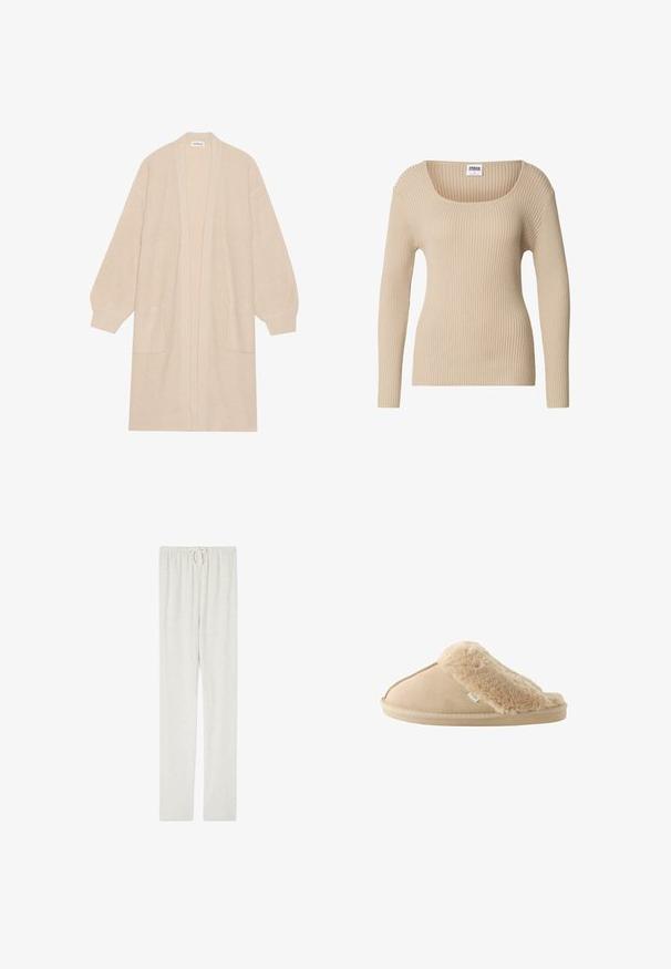 Pitkä vaalea beige neulecardigan, jossa on avoin etuosa, kaksi etutaskua sekä ribbaatut hihansuut ja helma.; Beigenvärinen ribbineulepusero suorakaiteenmuotoisella pääntiellä ja pitkillä hihoilla, pehmeästä, teksturoidusta kankaasta valmistettu. Yksinkertainen malli, sopii hyvin kerrospukeutumiseen.; American Vintage JOGGING - Verryttelyhousut - gris chine; Beige kenkä, jossa on pehmeä tekoturkisyupperi ja mokkanahkainen alaosa. Varustettu teksturoidulla pohjalla ja sivusaumadetailsseilla. Bränditagi näkyvissä.