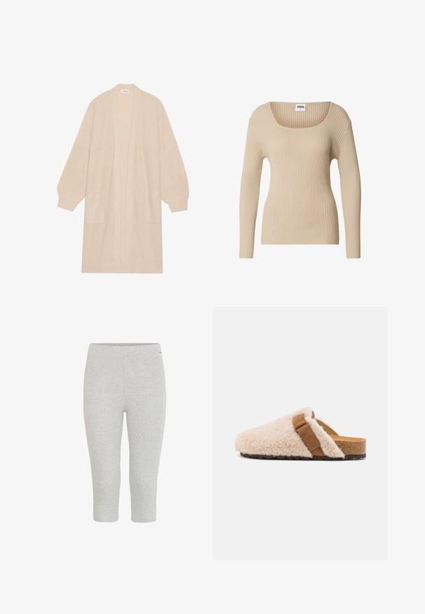 Lang beige strik cardigan med åben front, to frontlommer og ribbede manchetter og kant.; Beige ribstrikket sweater med firkantet halsudskæring og lange ærmer, lavet af blødt, tekstureret stof. Enkel design egnet til lag-på-lag.; Grå strækbare capri leggings med en glat tekstur og en elastisk talje, der har en tætsiddende pasform uden synlige mønstre eller accenter.; Beige shearling slip-on klipklapper med en brun suedebånd, korkfod og struktureret gummiyderside, designet til komfort og afslappet brug.