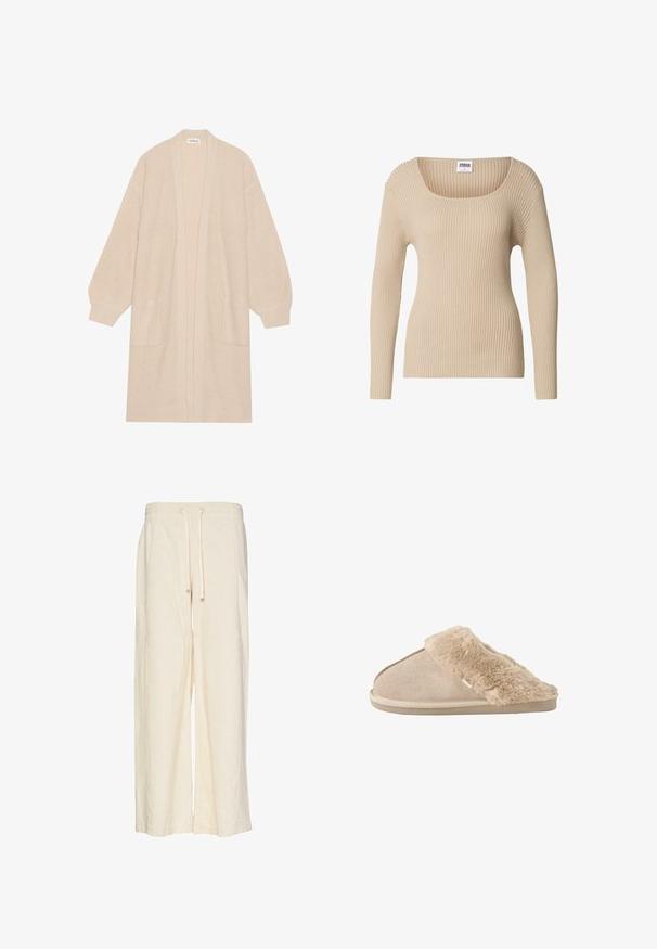Long cardigan beige en tricot avec un devant ouvert, deux poches avant et des poignets et un ourlet côtelés.; Pull côtelé beige avec un col carré et des manches longues, fabriqué en tissu doux et texturé. Design simple, idéal pour superposer.; Pantalons larges en crème, fabriqués dans un tissu texturé avec un motif à côtes. Dotés d'une taille élastique et d'un cordon de serrage pour un ajustement optimal.; Chausson beige à enfiler avec extérieur en daim doux et doublure intérieure moelleuse et duveteuse ainsi qu'un revers, conçu pour le confort à l'intérieur.