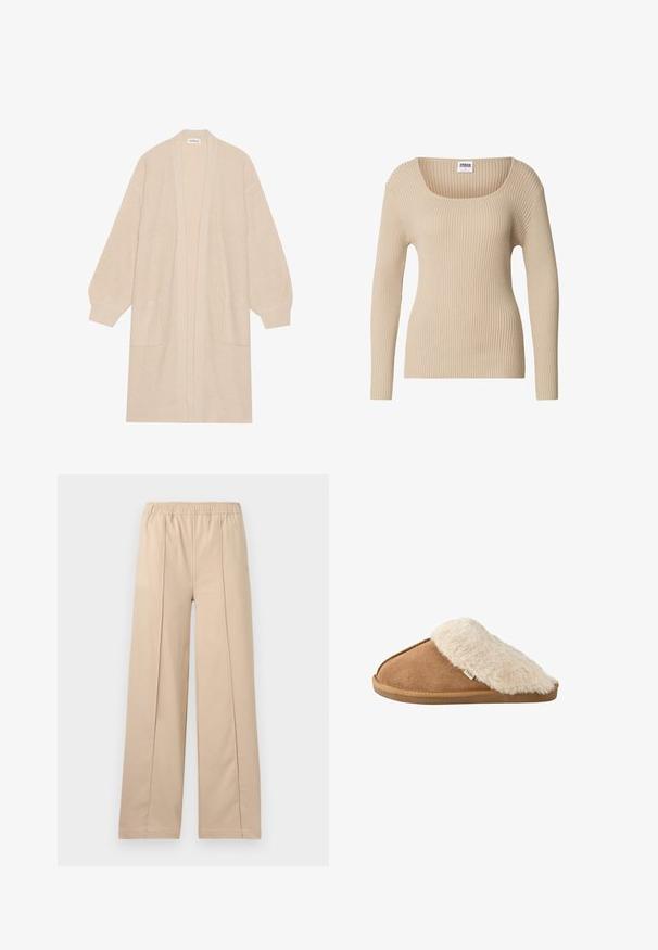 Largo cárdigan de punto beige con frente abierto, dos bolsillos frontales y puños y dobladillo acanalados.; Suéter beige acanalado con escote cuadrado y mangas largas, hecho de una tela suave y texturizada. Diseño sencillo adecuado para superponer.; Pantalones anchos beige con cinturilla elástica, que presentan dos líneas de pliegue verticales, tela suave y un diseño sencillo.; Zapatilla marrón tipo slip-on con forro y suela de pelo sintético beige suave, vista lateral sobre fondo blanco.