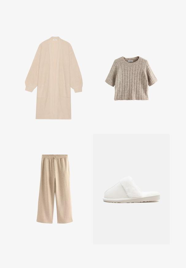Long cardigan beige en tricot avec un devant ouvert, deux poches avant et des poignets et un ourlet côtelés.; Pull à manches courtes en maille côtelée de couleur beige clair, avec un col rond et une texture douce, fabriqué à partir d'un matériau tricoté confortable.; Pantalons larges de couleur crème en tissu doux en mélange de coton. Ils présentent une taille élastique avec cordon de serrage et une texture subtilement mouchetée.; Chausson blanc avec une bande en fausse fourrure douce, tige en feutre, semelle matelassée et fond en caoutchouc texturé pour l'adhérence. Design simple et arrondi.