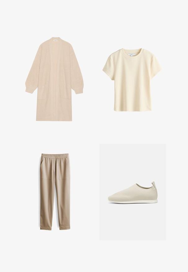 Lange beige gebreide cardigan met open voorkant, twee voorzakken en geribde manchetten en zoom.; Crèmekleurig kortemouw ribgebreid katoenen T-shirt met ronde halslijn en label aan de binnenkant van de kraag op een witte achtergrond.; Beige elastische broeken met een tailleband, twee voorzakken, taps toelopende pijpen en een gladde textuur, geschikt voor casual kleding.; Beige gebreide instap schoen met een lage profiel, textuur bovenkant en een flexibele zool. Kenmerkt zich door een geweven ontwerp rond de enkel voor comfort.