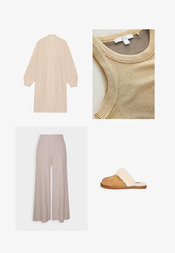 Largo cárdigan de punto beige con frente abierto, dos bolsillos frontales y puños y dobladillo acanalados.; Top sin mangas de color beige, con cuello redondo y tela texturizada que presenta sutiles rayas oscuras. Etiqueta visible en la zona del cuello.; Pantalones de pierna ancha en gris claro, hechos de una suave tela de canalé, con una cinturilla alta y piernas de largo completo con una sutil textura.; Superdry & Co Sandalias planas - tan