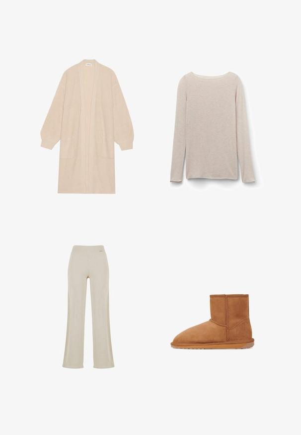 Lang beige strik cardigan med åben front, to frontlommer og ribbede manchetter og kant.; Lyserød langærmet t-shirt med afslappet rund halsudskæring, lavet af blødt stof med en subtil meleret tekstur.; Beige vide bukser med en glat ribbet tekstur, elastisk talje og ingen synlige dekorationer, hvilket giver en afslappet silhuet.; Tan ruskinds ankelstøvle med rund tå, lodrette sømme og en tekstureret gummisål. Har et logo-accent på bagsiden.