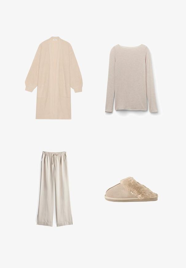 Lange beige gebreide cardigan met open voorkant, twee voorzakken en geribde manchetten en zoom.; Lichtroze T-shirt met lange mouwen en een ontspannen ronde hals, gemaakt van zachte stof met een subtiele heatherstructuur.; Beige, wijde broek van lichtgewicht stof met een elastische tailleband en trekkoord, voorzien van verticale naden aan de voorkant.; Beige instappantoffel met zachte suède buitenkant en een zachte, pluizige voering en boord, ontworpen voor binnencomfort.