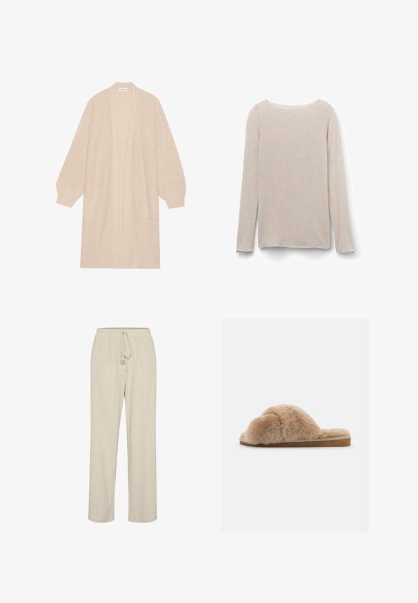 Lang beige strik cardigan med åben front, to frontlommer og ribbede manchetter og kant.; Lyserød langærmet t-shirt med afslappet rund halsudskæring, lavet af blødt stof med en subtil meleret tekstur.; Beige linnedbukser med elastisk talje og justerbar snoretræk, med et lige ben-design og en subtil tekstur.; Fuzzy beige hjemmesko med blød tekstur, åben bag og indvendig foring. Flad sål med en lysebrun bund og beige syning.