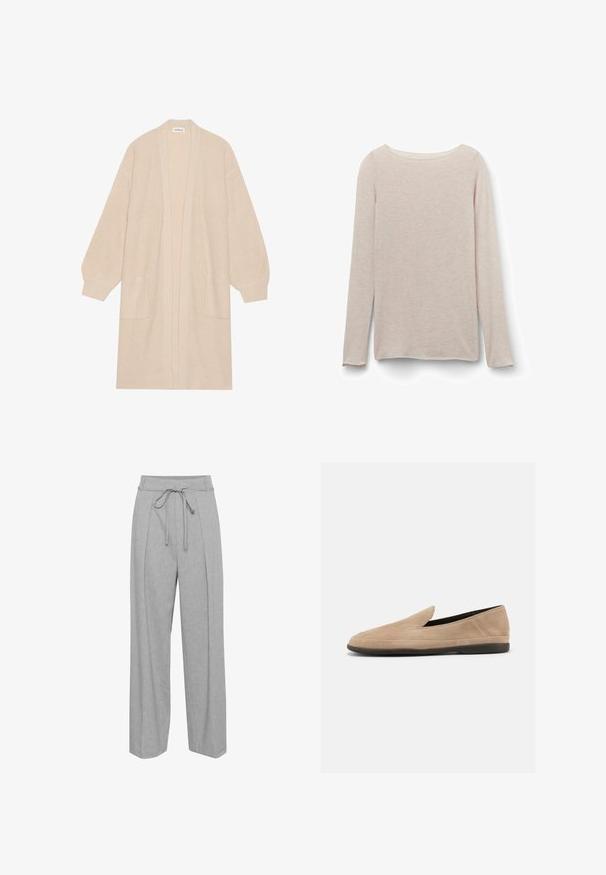 Lang beige strik cardigan med åben front, to frontlommer og ribbede manchetter og kant.; Lyserød langærmet t-shirt med afslappet rund halsudskæring, lavet af blødt stof med en subtil meleret tekstur.; Grå linned brede bukser med høj talje, udstyret med snørre, folder foran og en blød, struktureret finish.; Beige ruskind slip-on loafer med sort sål, lav hæl og rund tå, vist fra siden på hvid baggrund.