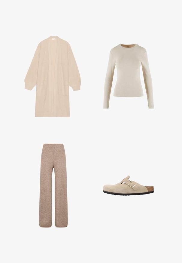 Long cardigan beige en tricot avec un devant ouvert, deux poches avant et des poignets et un ourlet côtelés.; Haut beige à manches longues en côte avec un col rond ; présente un design ajusté et un petit logo en détail sur le poignet.; Pantalons larges en tricot de couleur marron clair avec une taille et des poignets côtelés, présentant un tissu doux et texturé. Pas de poches visibles.; Sabots en suède beige à enfiler, avec un bout arrondi, une sangle réglable, une semelle en liège et une semelle extérieure en caoutchouc noir pour une bonne adhérence.