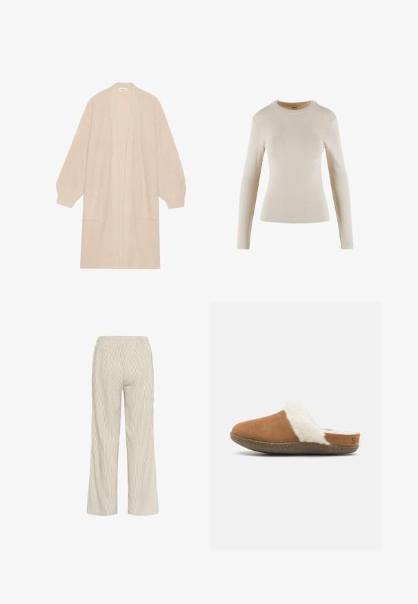 Lang beige strik cardigan med åben front, to frontlommer og ribbede manchetter og kant.; Beige langærmet ribbet top med rund halsudskæring; har en tætsiddende design og et lille logo-accent på manchetten.; Lys beige stribede bukser med løs pasform, der har en elastisk talje og lodrette linjer, som skaber et tekstureret udseende.; Brune ruskindssutsko med en hvid fluffy foring og en tekstureret sål. Har en syet kant og en lille brandingdetalje på hælen.