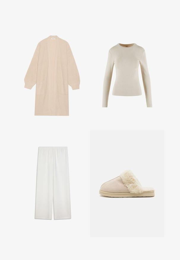 Long cardigan beige en tricot avec un devant ouvert, deux poches avant et des poignets et un ourlet côtelés.; Haut beige à manches longues en côte avec un col rond ; présente un design ajusté et un petit logo en détail sur le poignet.; Pantalon blanc à jambes larges avec taille élastique. Tissu lisse et léger ; coupe longue et droite. Aucun motif ni accent visible.; Bianco BIASWEETIE SLIPPER - Chaussons - beige