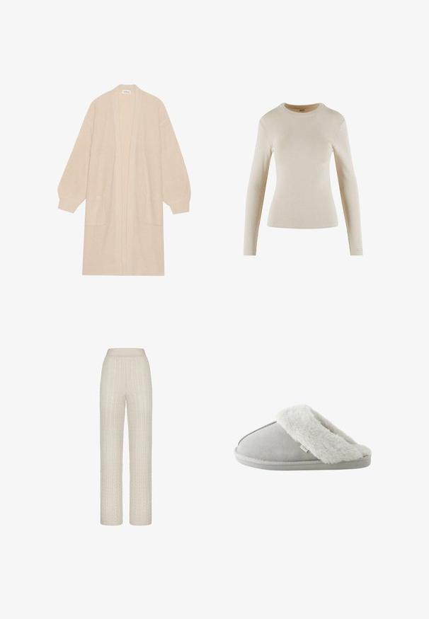 Lang beige strik cardigan med åben front, to frontlommer og ribbede manchetter og kant.; Beige langærmet ribbet top med rund halsudskæring; har en tætsiddende design og et lille logo-accent på manchetten.; Lys beige kabelstrikkede bukser med en bred talje, der har hævede teksturmønstre og en afslappet, lige pasform.; Lysegrå slip-on tøfler med blødt hvidt kunstpelsfor og sål mærket "NEXT," set fra siden på hvid baggrund.