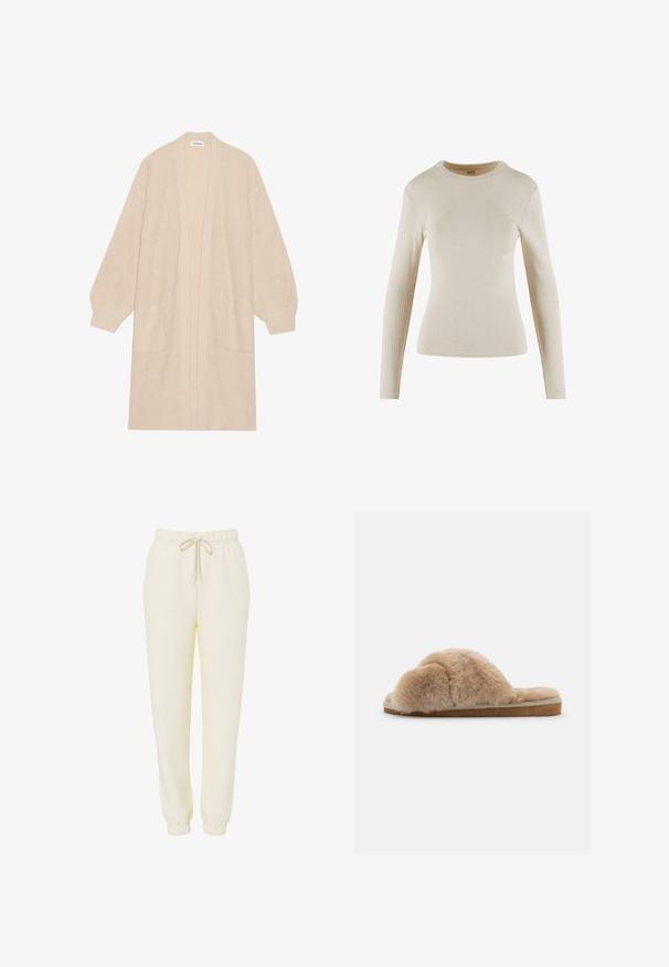 Long cardigan beige en tricot avec un devant ouvert, deux poches avant et des poignets et un ourlet côtelés.; Haut beige à manches longues en côte avec un col rond ; présente un design ajusté et un petit logo en détail sur le poignet.; Pantalon de survêtement décontracté couleur crème avec ceinture élastique et cordon de serrage, jambes effilées et poignets élastiques.; Chausson en peluche beige avec une texture douce, à dos ouvert et doublure intérieure. Semelle plate avec une base marron clair et des coutures beiges.