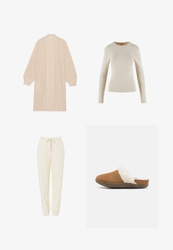 Long cardigan beige en tricot avec un devant ouvert, deux poches avant et des poignets et un ourlet côtelés.; Haut beige à manches longues en côte avec un col rond ; présente un design ajusté et un petit logo en détail sur le poignet.; Pantalon de survêtement décontracté couleur crème avec ceinture élastique et cordon de serrage, jambes effilées et poignets élastiques.; Chausson en suède marron à enfiler avec une doublure blanche duveteuse et une semelle texturée. Présente un bord cousu et un petit détail de marque sur le talon.