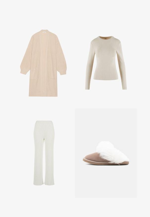 Long cardigan beige en tricot avec un devant ouvert, deux poches avant et des poignets et un ourlet côtelés.; Haut beige à manches longues en côte avec un col rond ; présente un design ajusté et un petit logo en détail sur le poignet.; Pantalons en tricot côtelé crème avec un design évasé. Présente une large taille élastique et des rayures verticales pour ajouter de la texture.; Pantoufle en suède marron à enfiler avec une épaisse doublure en fausse fourrure blanche et une semelle en caoutchouc striée, présentée de côté sur un fond blanc.