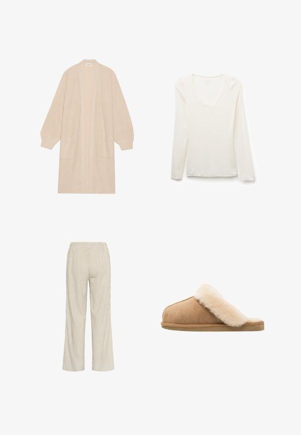 Largo cárdigan de punto beige con frente abierto, dos bolsillos frontales y puños y dobladillo acanalados.; Camiseta blanca de manga larga con cuello en V, ajuste slim, colocada plana sobre un fondo blanco.; Pantalones a rayas de color beige claro con un corte holgado, que cuentan con una cintura elástica y líneas verticales que crean una apariencia texturizada.; Zapatilla de ante de color beige, con un suave forro de piel de oveja crema. Cuenta con una suela de goma plana y texturizada para mayor agarre.