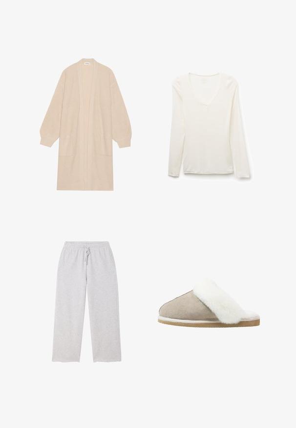 Lang beige strik cardigan med åben front, to frontlommer og ribbede manchetter og kant.; Hvid V-hals skjorte med lange ærmer, slim fit, lagt fladt på en hvid baggrund.; Lysegrå brede joggingbukser med elastik i taljen og snøre, samt lommer på begge sider.; Suedelæders slipsko i lys beige med en hvid, fluffy pelskant over det øverste, med en struktureret ydersål for greb og komfort.
