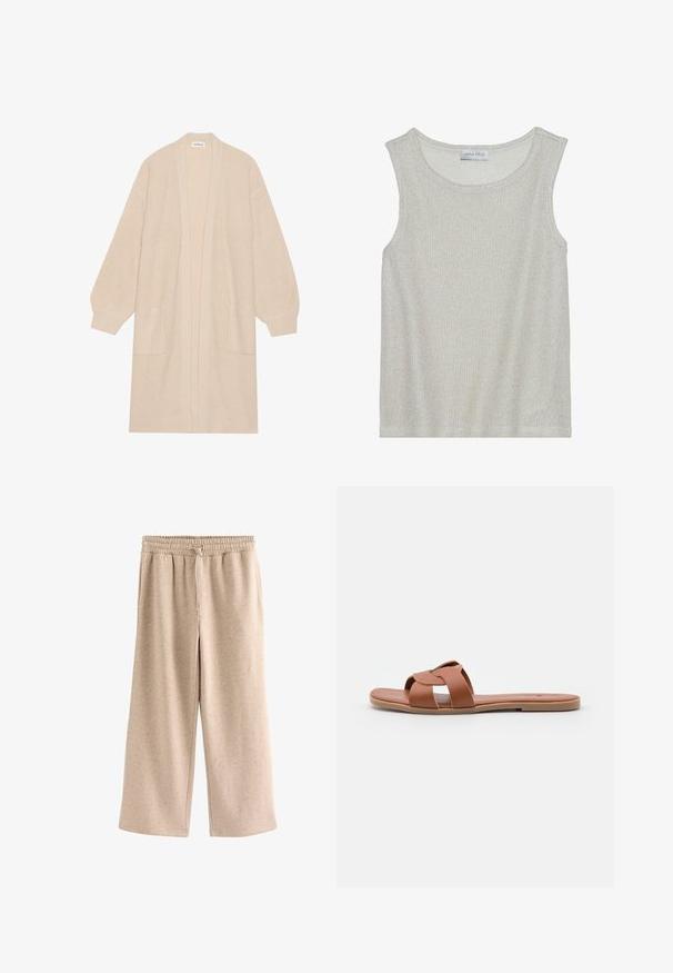 Largo cárdigan de punto beige con frente abierto, dos bolsillos frontales y puños y dobladillo acanalados.; Top sin mangas de color gris claro con una suave tela de punto texturizada. Presenta un escote redondo y un corte holgado. La etiqueta dentro dice "ANNA FIELD".; Pantalones beige de pierna ancha con cintura elástica y cordón, hechos de una tela suave y moteada.; Sandalias planas marrones hechas de cuero suave con un diseño de tiras cruzadas, que cuentan con una suela plana y un estilo minimalista.
