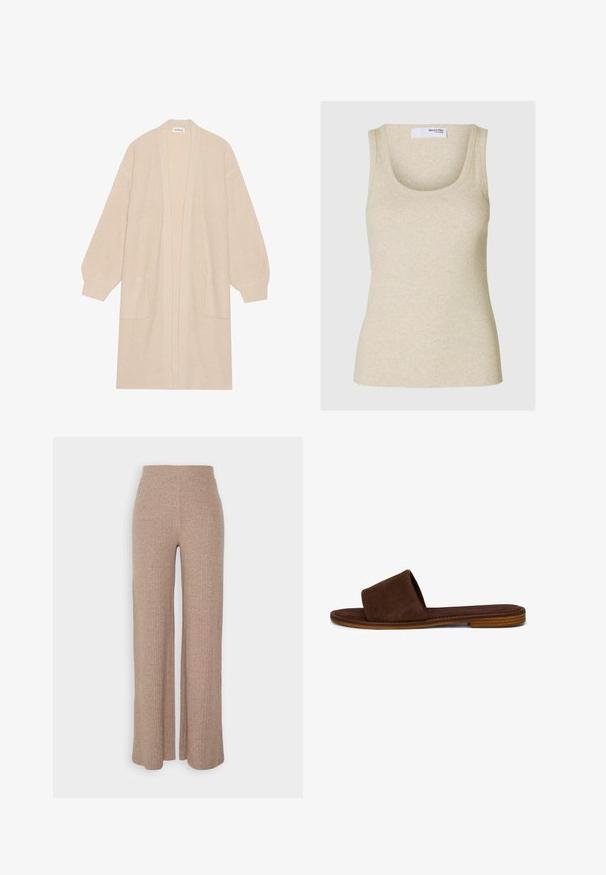 Long cardigan beige en tricot avec un devant ouvert, deux poches avant et des poignets et un ourlet côtelés.; Débardeur beige à côtes avec un décolleté arrondi et des bretelles larges. Fabriqué en tissu doux, il présente une silhouette ajustée.; Pantalons larges en beige à côtes avec une taille haute et une texture douce, présentant une coupe loose et sans fermetures visibles.; Sandale mule en daim marron à bout ouvert avec semelle en bois plate superposée et large bride sur le pied, vue de côté sur fond blanc.