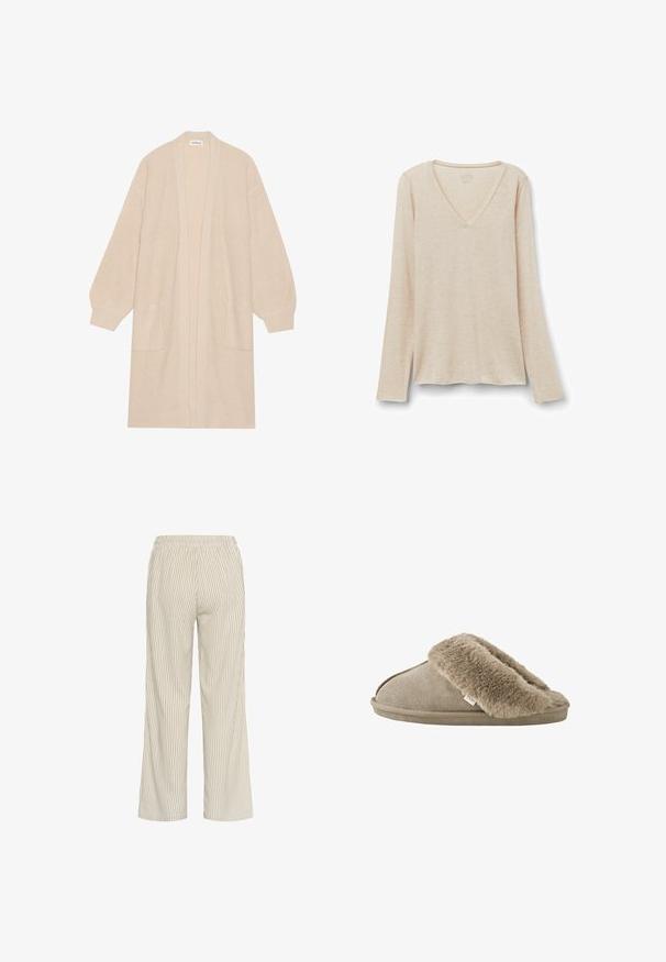 Largo cárdigan de punto beige con frente abierto, dos bolsillos frontales y puños y dobladillo acanalados.; Camiseta de manga larga con escote en V en tejido beige claro con una textura suave. Corte relajado con dobladillo recto y diseño minimalista.; Pantalones a rayas de color beige claro con un corte holgado, que cuentan con una cintura elástica y líneas verticales que crean una apariencia texturizada.; Zapatilla beige sin talón con forro interior de suave piel sintética alrededor de la abertura y suela exterior con apariencia de ante.